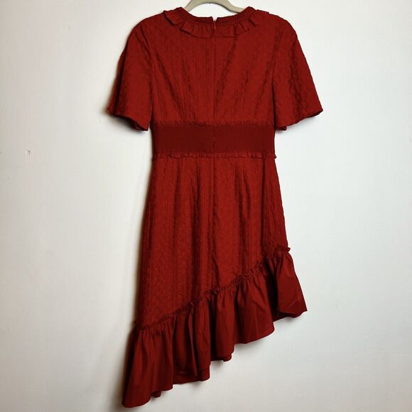 Finders Keepers Memento Dress Red Asymmetrical Ruffle Hem Embroidery Sz M - Picture 8 of 16